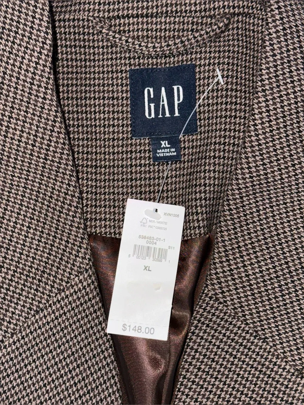 GAP NWT Houndstooth Blazer Jacket Mens XL Brown Poly Blend Classic Fit 2 Button